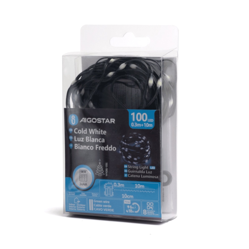 Aigostar - Catena LED natalizia da esterno 100xLED/8 funzioni/3xAA 10,3m IP44 bianco freddo