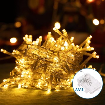 Aigostar -Catena LED natalizia da esterno 100xLED/8 funzioni 3xAA 10,3m IP44 bianco caldo