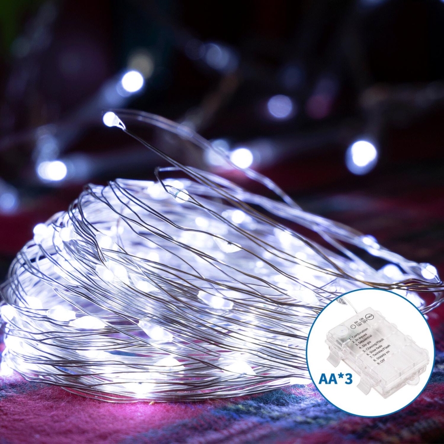 Aigostar - Catena LED natalizia da esterno 100xLED/8 funzioni/3xAA 10,3m IP44 bianco freddo