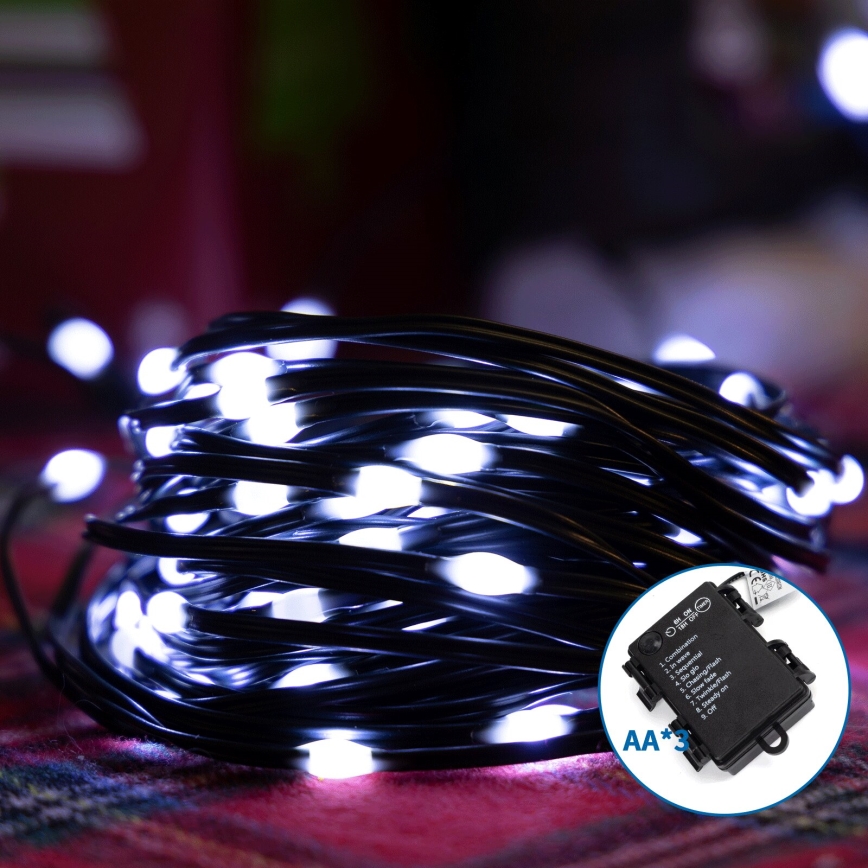 Aigostar - Catena LED natalizia da esterno 100xLED/8 funzioni/3xAA 10,3m IP44 bianco freddo