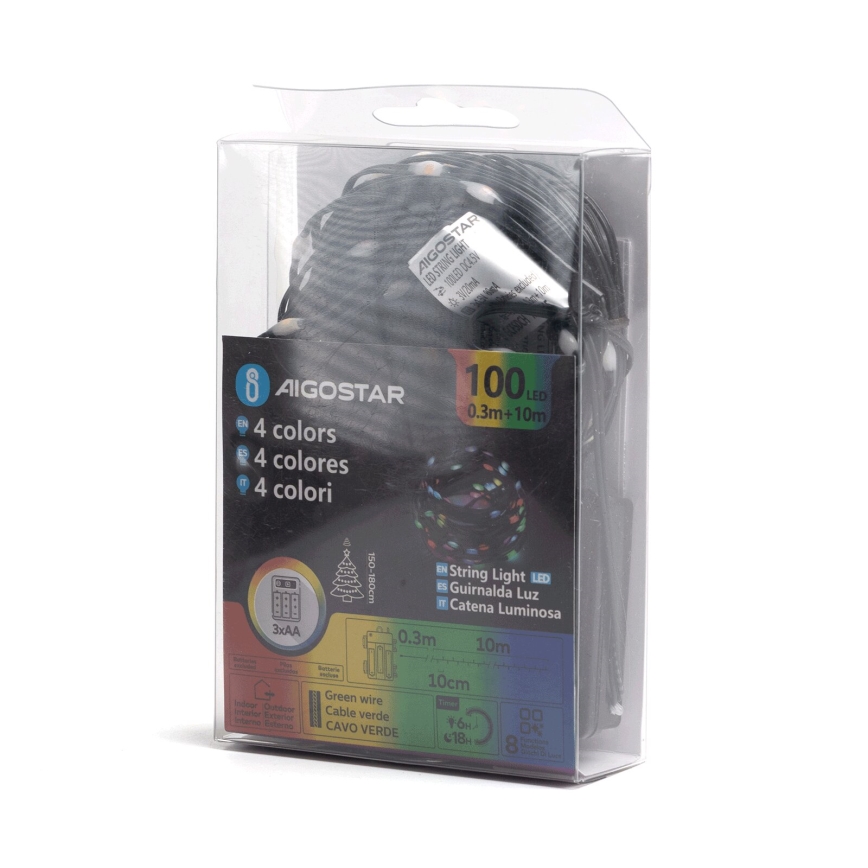 Aigostar-Catena LED natalizia da esterno 100xLED/8 funzioni 3xAA 10,3m IP44 multicolore