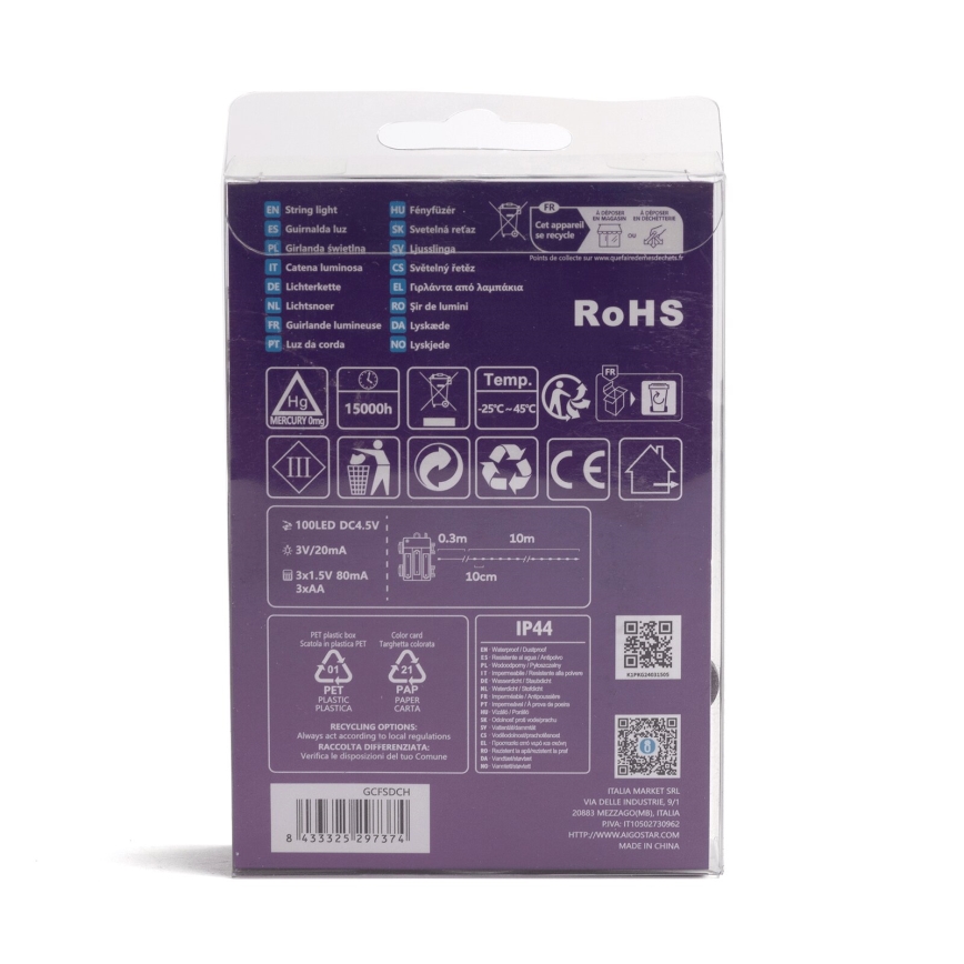 Aigostar-Catena LED natalizia da esterno 100xLED/8 funzioni 3xAA 10,3m IP44 multicolore