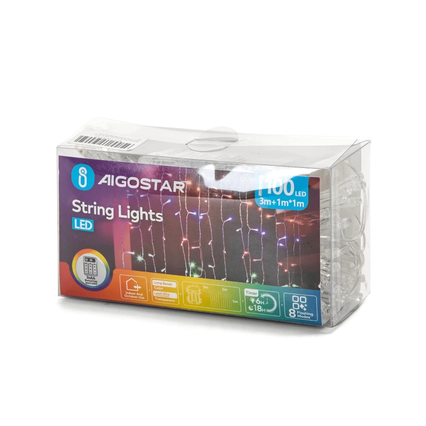 Aigostar - Catena LED natalizia da esterno 100xLED/8 funzioni 3xAA 4x1m IP44 multicolore