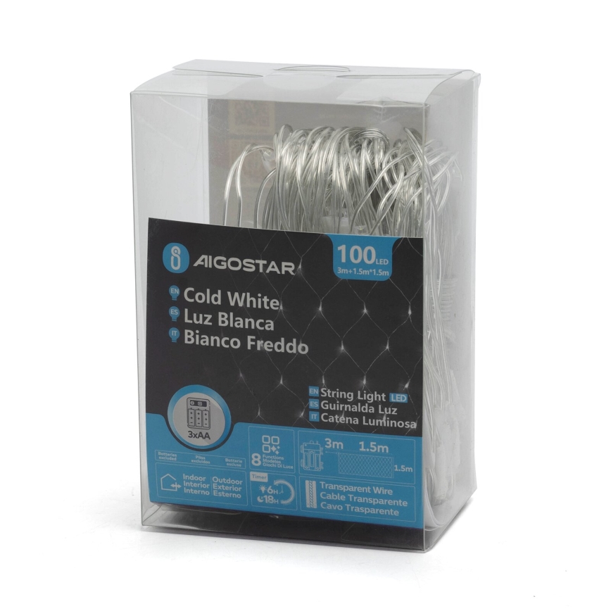 Aigostar -Catena LED natalizia da esterno 100xLED/8 funzioni/3xAA 4,5x1,5m IP44 bianco freddo