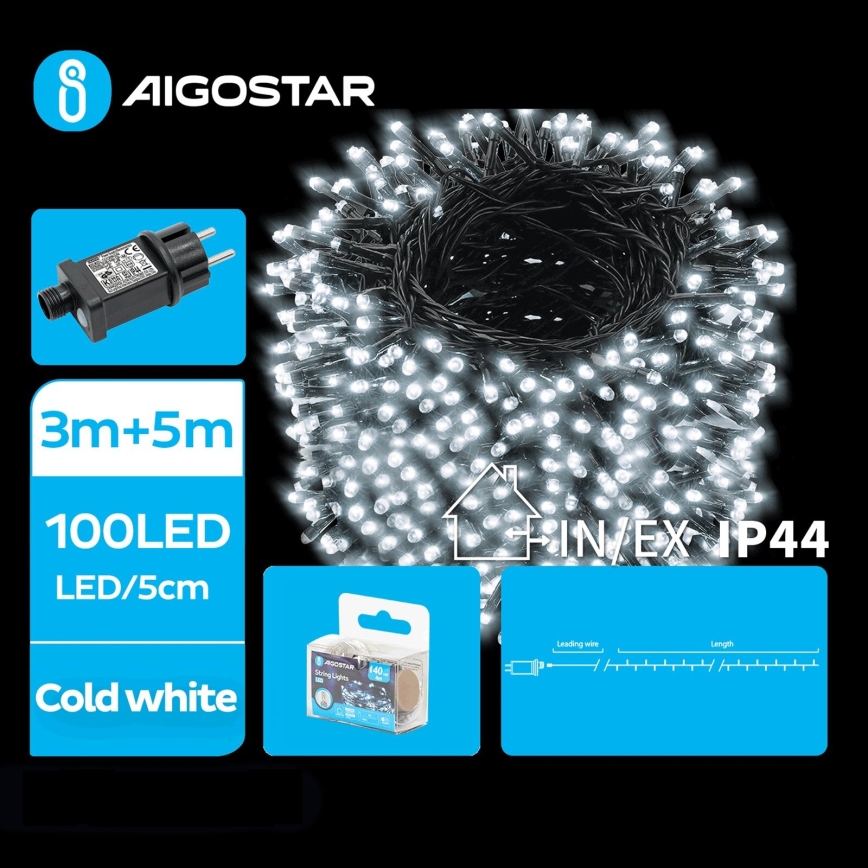 Aigostar - Catena LED natalizia da esterno 100xLED/8 funzioni 8m IP44 bianco freddo