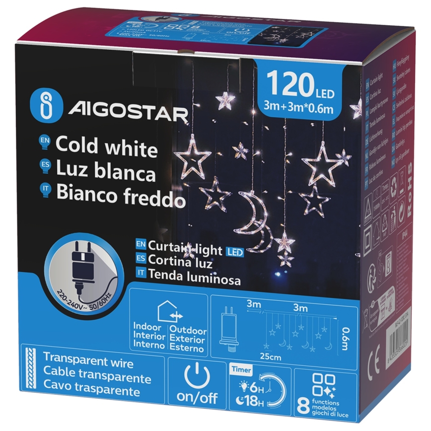 Aigostar - Catena luminosa natalizia LED da esterno 120 LED/6W/230V/8 funzioni 3x0,6m IP44 bianco freddo + telecomando