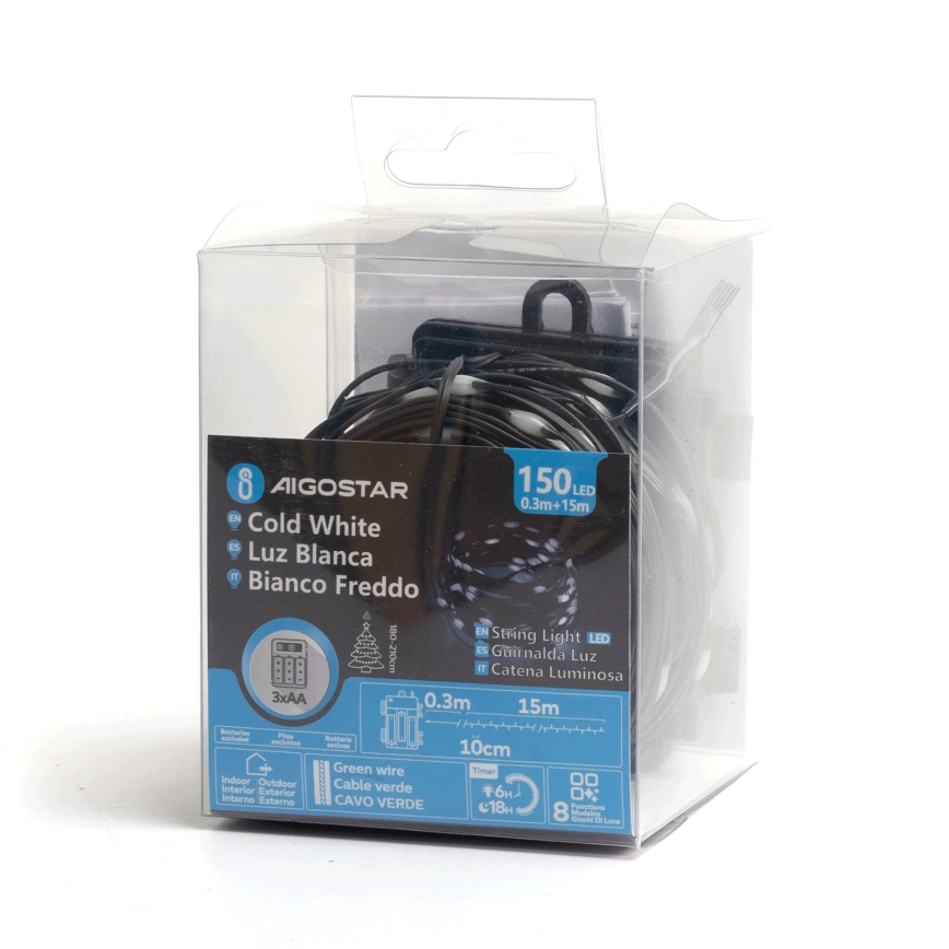 Aigostar - Catena LED natalizia da esterno 150xLED/8 funzioni/3xAA 15,3m IP44 bianco freddo