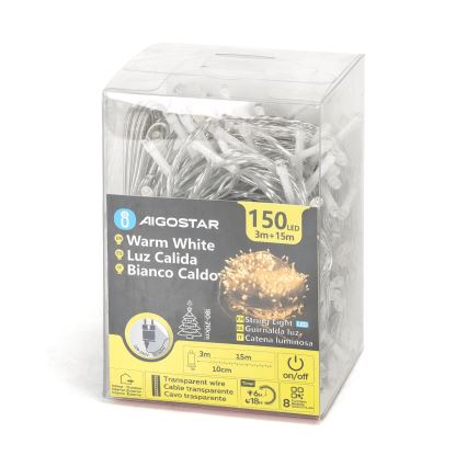 Aigostar - Catena LED natalizia da esterno 150xLED/8 funzioni 18m IP44 bianco caldo