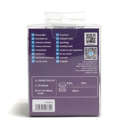 Aigostar -Catena LED natalizia da esterno 150xLED/8 funzioni 3xAA 15,3m IP44 bianco caldo