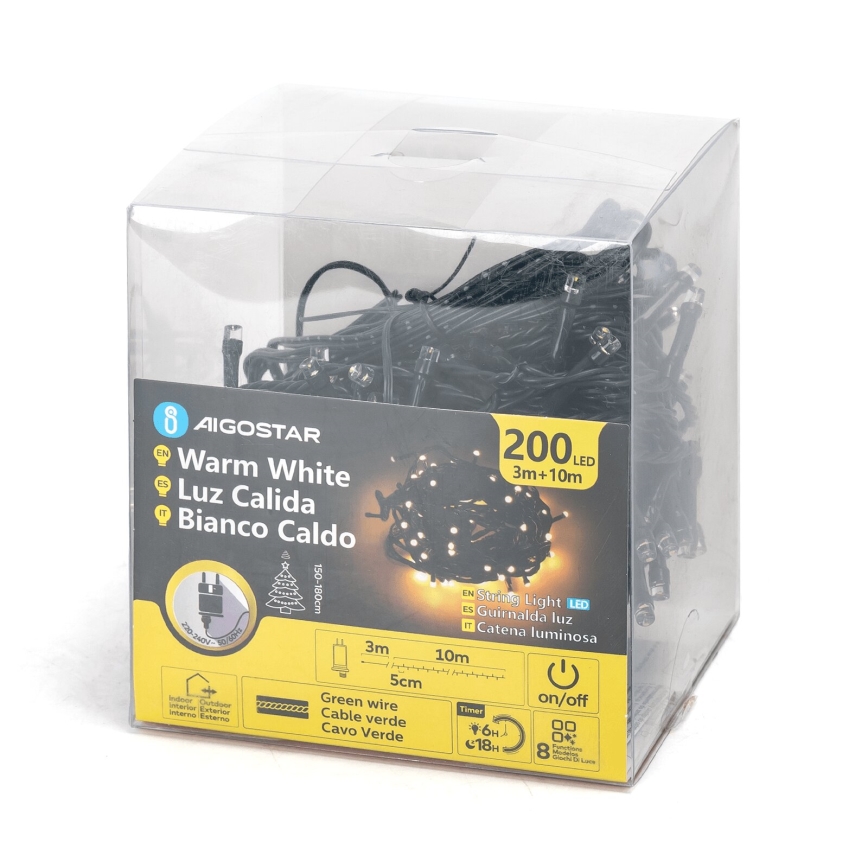 Aigostar - Catena LED natalizia da esterno 200xLED/8 funzioni 13m IP44 bianco caldo