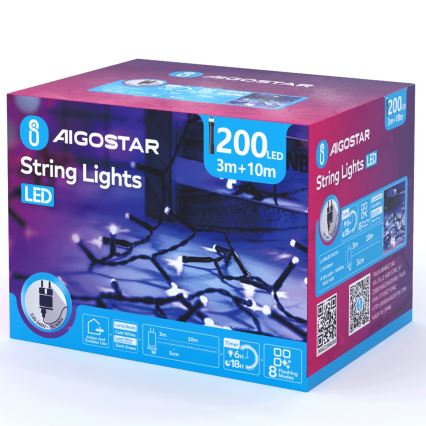 Aigostar - Catena LED natalizia da esterno 200xLED/8 funzioni 13m IP44 bianco freddo