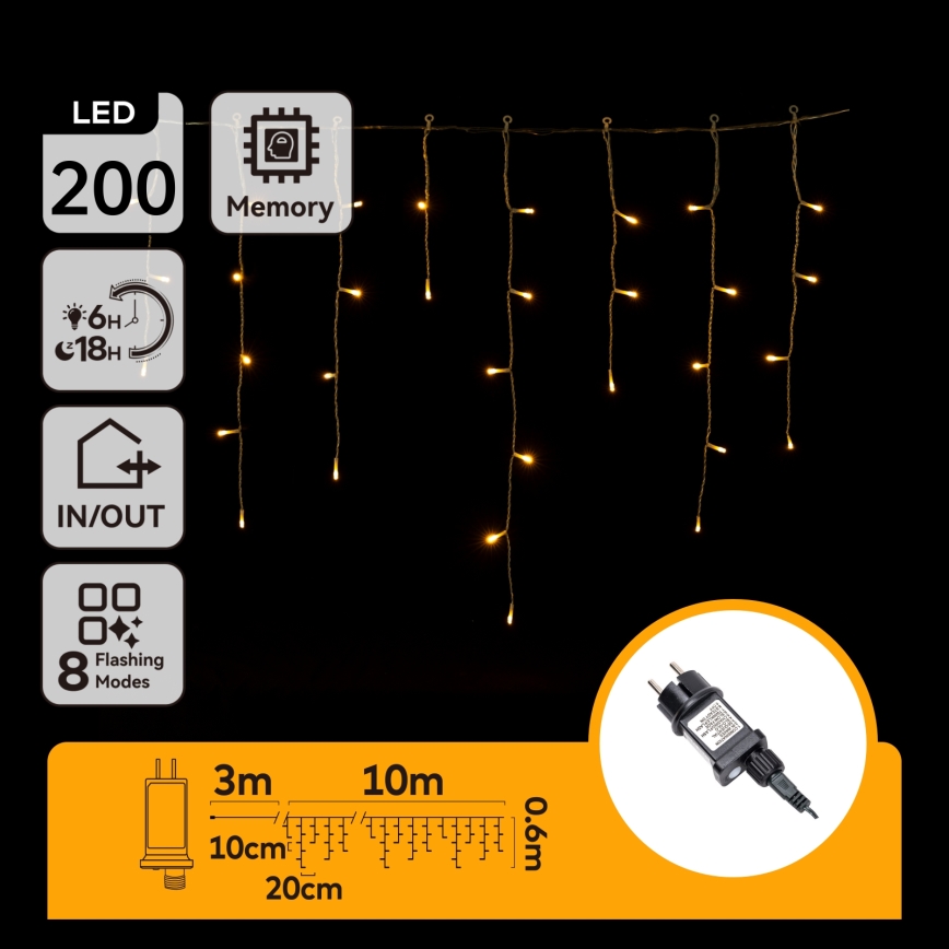 Aigostar - Catena LED natalizia da esterno 200xLED/8 funzioni 13x0,6m IP44 bianco caldo