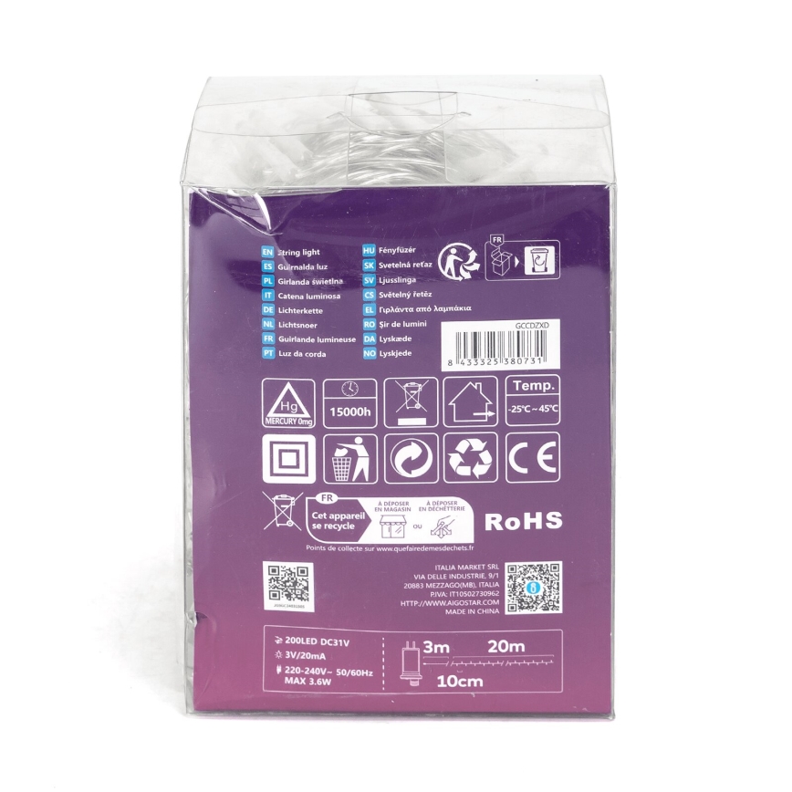 Aigostar - Catena LED natalizia da esterno 200xLED/8 funzioni 23m IP44 bianco caldo