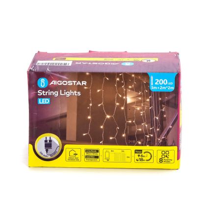 Aigostar - Catena LED natalizia da esterno 200xLED/8 funzioni 5x2m IP44 bianco caldo