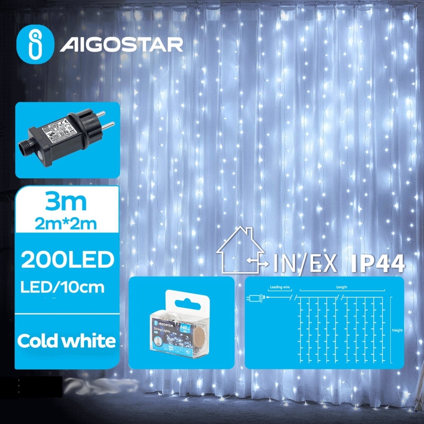Aigostar - Catena LED natalizia da esterno 200xLED/8 funzioni 5x2m IP44 bianco freddo
