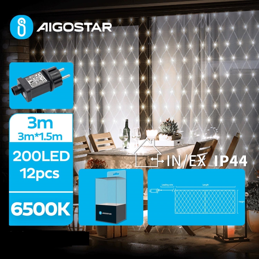 Aigostar - Catena LED natalizia da esterno 200xLED/8 funzioni 6x1,5m IP44 bianco freddo