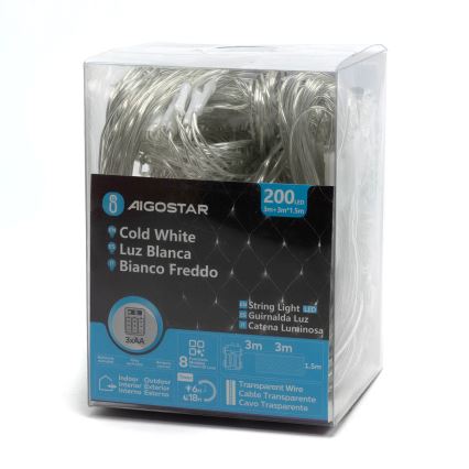 Aigostar - Catena LED natalizia da esterno 200xLED/8 funzioni/3xAA 6x1,5m IP44 bianco freddo