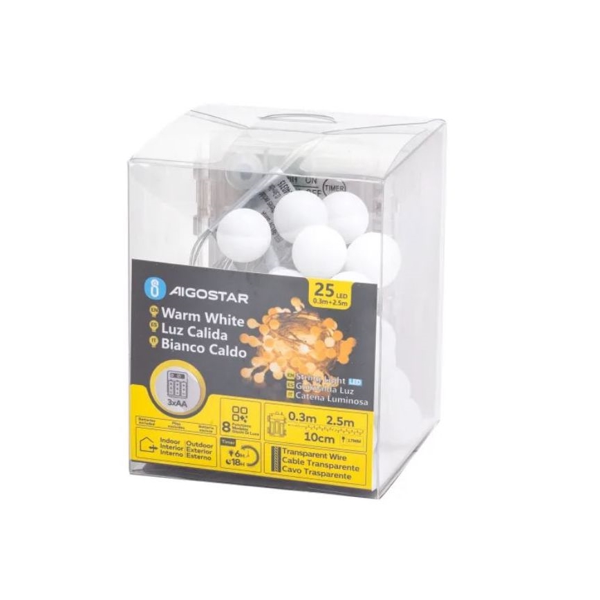 Aigostar-Catena LED natalizia da esterno 25xLED/3xAA/8 funzioni 2,8 m IP44 bianco caldo