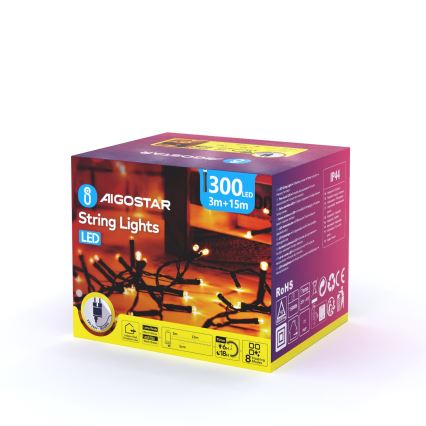 Aigostar - Catena LED natalizia da esterno 300xLED/8 funzioni 18m IP44 bianco caldo