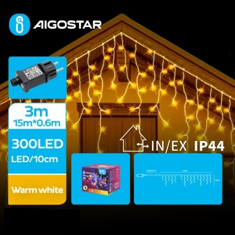 Aigostar - Catena LED natalizia da esterno 300xLED/8 funzioni 18x0,6m IP44 bianco caldo