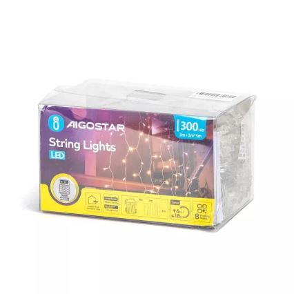 Aigostar - Catena LED natalizia da esterno 300xLED/8 funzioni 3xAA 6x2m IP44 bianco caldo