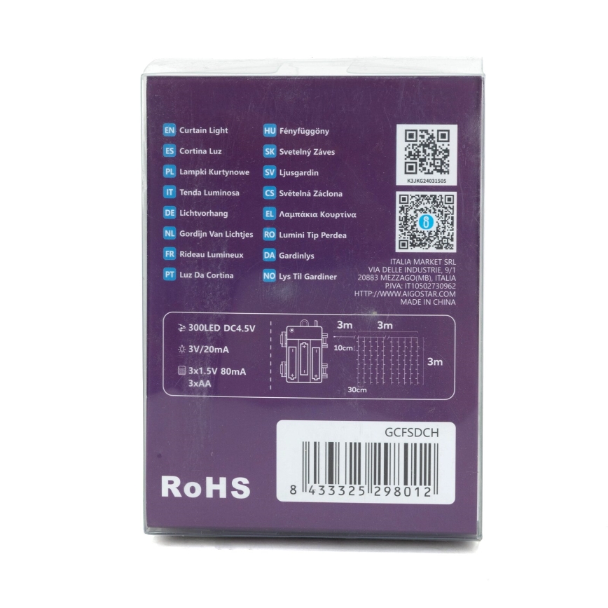 Aigostar-Catena LED natalizia da esterno 300xLED/8 funzioni 3xAA 6x2m IP44 bianco freddo