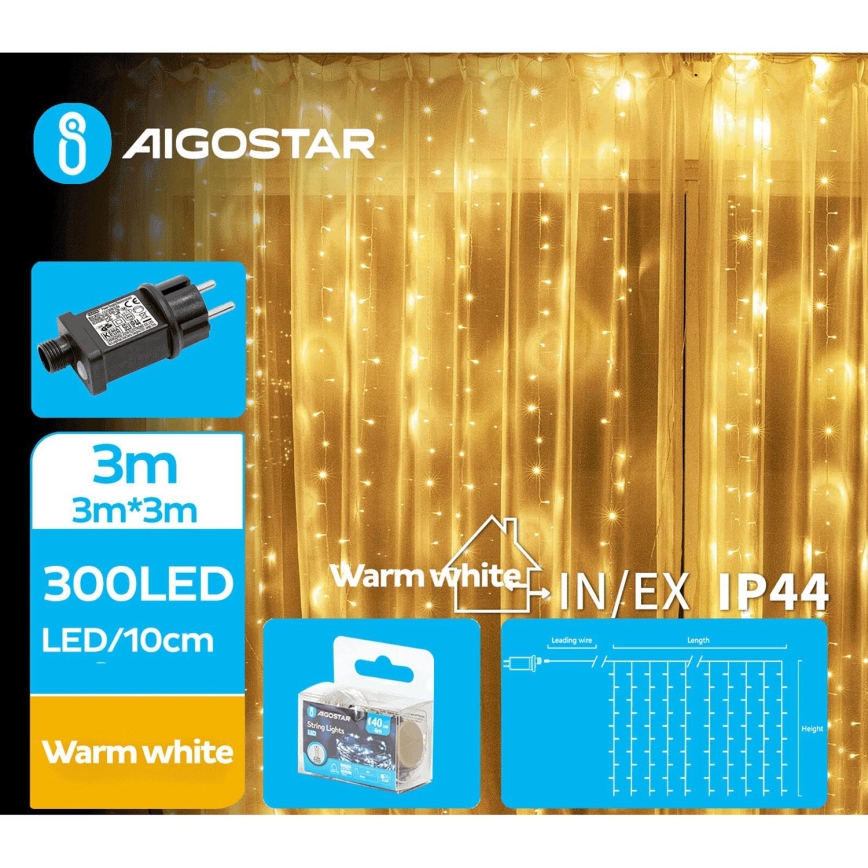 Aigostar - Catena LED natalizia da esterno 300xLED/8 funzioni 6x3m IP44 bianco caldo