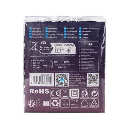 Aigostar - Catena LED natalizia da esterno 400xLED/8 funzioni 13m IP44 bianco freddo