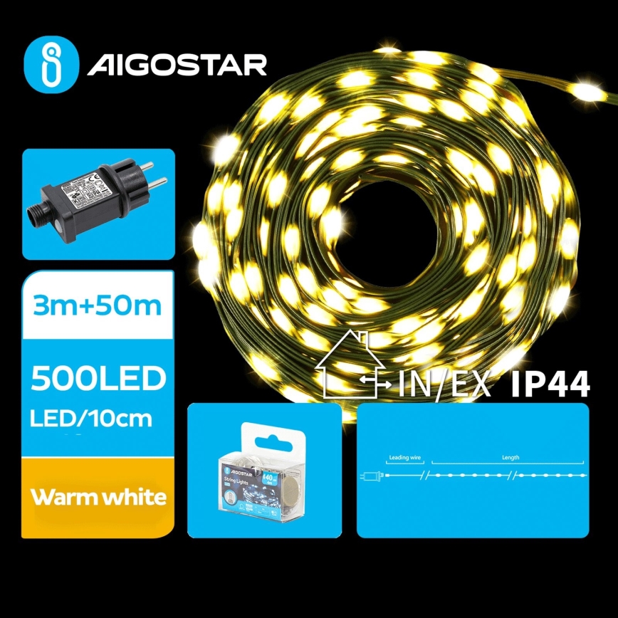 Aigostar - Catena LED natalizia da esterno 500xLED/8 funzioni 53m IP44 bianco caldo
