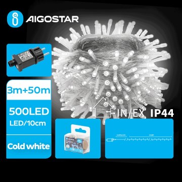 Aigostar - Catena LED natalizia da esterno 500xLED/8 funzioni 53m IP44 bianco freddo