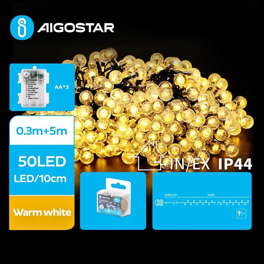 Aigostar - Catena LED natalizia da esterno 50xLED/3xAA/8 funzioni 5,3 m IP44 bianco caldo