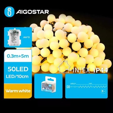 Aigostar - Catena LED natalizia da esterno 50xLED/3xAA/8 funzioni 5,3 m IP44 bianco caldo