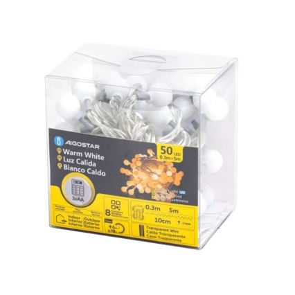 Aigostar - Catena LED natalizia da esterno 50xLED/3xAA/8 funzioni 5,3 m IP44 bianco caldo
