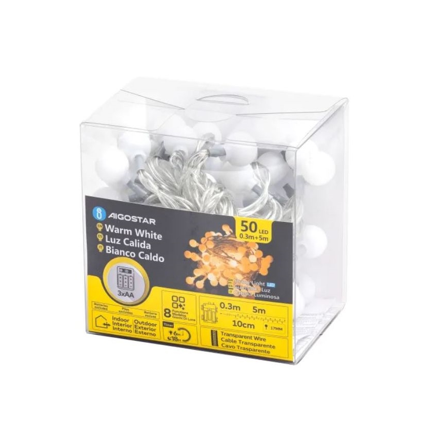 Aigostar - Catena LED natalizia da esterno 50xLED/3xAA/8 funzioni 5,3 m IP44 bianco caldo