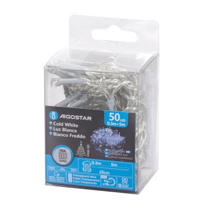 Aigostar -Catena LED natalizia da esterno 50xLED/8 funzioni 3xAA 5,3m IP44 bianco freddo