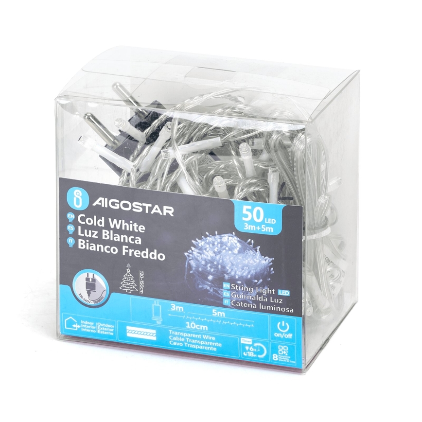 Aigostar - Catena LED natalizia da esterno 50xLED/8 funzioni 8m IP44 bianco freddo