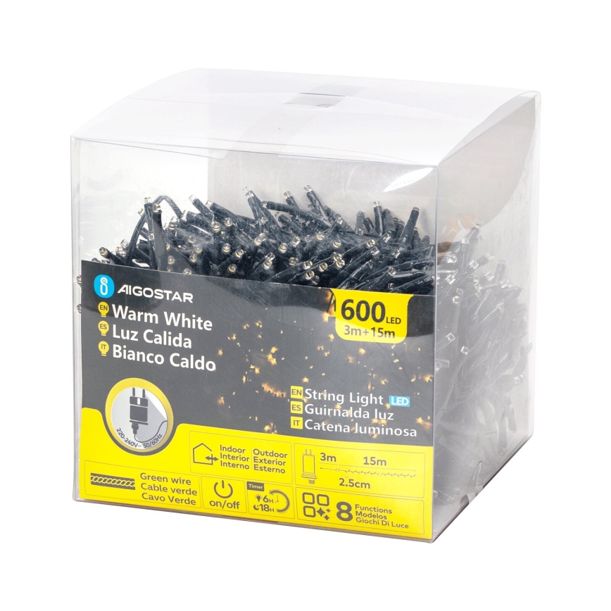 Aigostar - Catena LED natalizia da esterno 600xLED/8 funzioni 18m IP44 bianco caldo