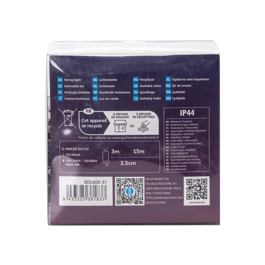 Aigostar - Catena LED natalizia da esterno 600xLED/8 funzioni 18m IP44 bianco caldo