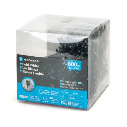 Aigostar - Catena LED natalizia da esterno 600xLED/8 funzioni 18m IP44 bianco freddo
