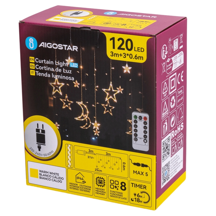 Aigostar - Catena luminosa natalizia LED da esterno 120xLED/6W/230V/8 funzioni 3x0,6m IP44 bianco caldo + telecomando