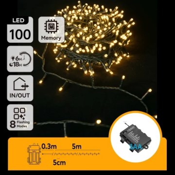 Aigostar - Catena LED per esterni 100x LED / 8 funzioni, 3xAA, 5,3 m, IP44, bianco caldo