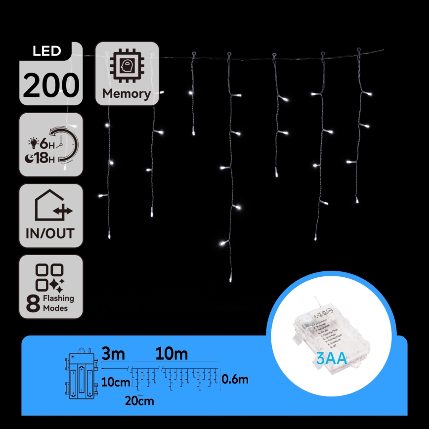 Aigostar - Catena luminosa LED per esterni 200xLED/8 funzioni 3xAA 13x0,6m IP44 bianco freddo