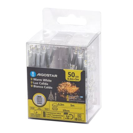 Aigostar - Catena LED per esterni 50xLED/8 funzioni 3xAA 5,3 m IP44 bianco caldo