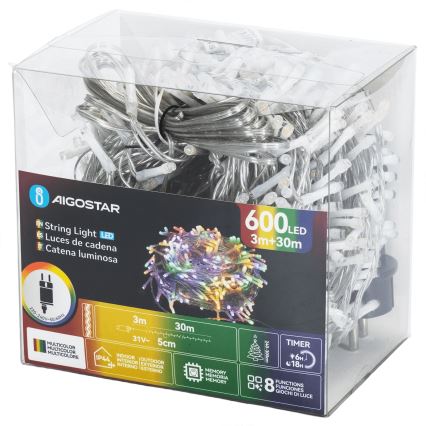 Aigostar - Catena luminosa LED per esterni 600xLED/8 funzioni 30m IP44 multicolore