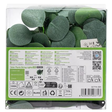 Aigostar - Catena LED solare 100xLED/12m IP65 bianco caldo eucalipto