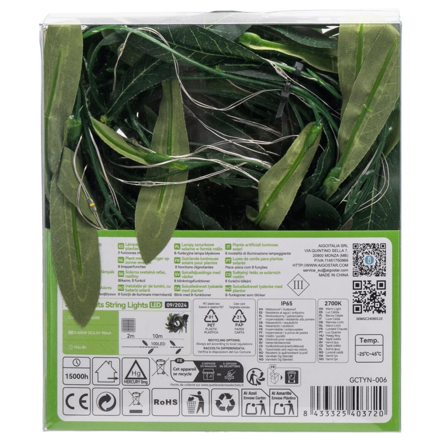 Aigostar - Catena LED solare 100xLED/12m IP65 bianco caldo oliva