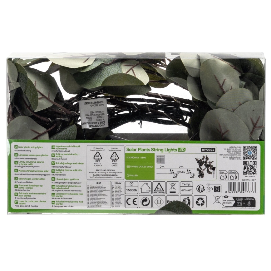 Aigostar - Catena LED solare 110xLED/4m IP65 300 mAh bianco caldo eucalipto