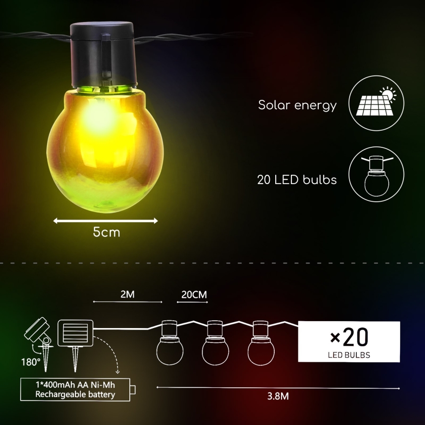 Aigostar - Catena LED solare 20xLED/5,8m IP44 multicolore 400mAh