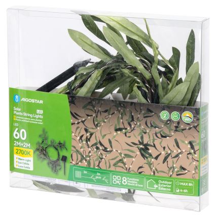 Aigostar - Catena LED solare 60xLED/4m IP65 bianco caldo oliva