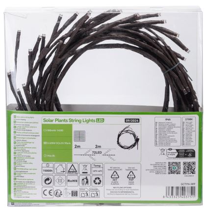 Aigostar - Catena LED solare 72xLED/4m IP65 300 mAh bianco caldo rami dell'albero